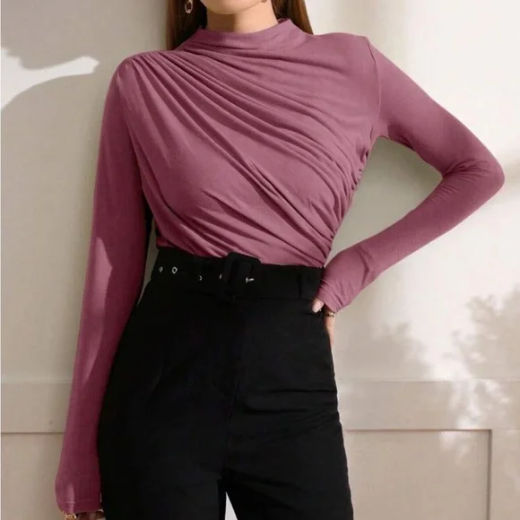Elegant Classy Work Office Long Sleeve Ruched Top Blouse - Picture 8 of 8